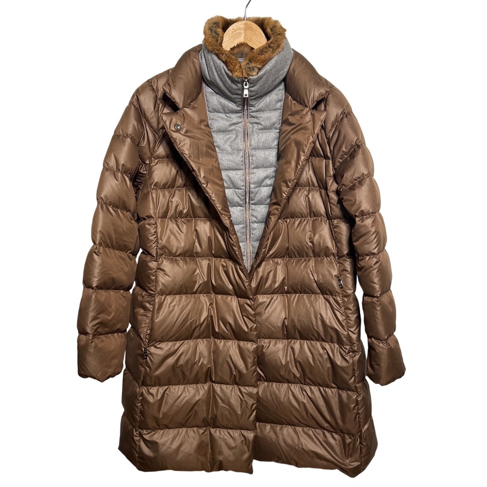 Schneiders of Salzburg Lia Fur Collar Layered Down Puffer Coat Brown Size 14 EUC